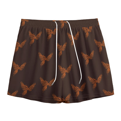 Asian Phoenix Pattern Print Mesh Shorts