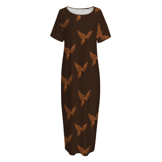 Asian Phoenix Pattern Print Short Sleeve Long Nightdress