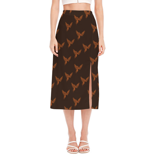 Asian Phoenix Pattern Print Side Slit Midi Skirt