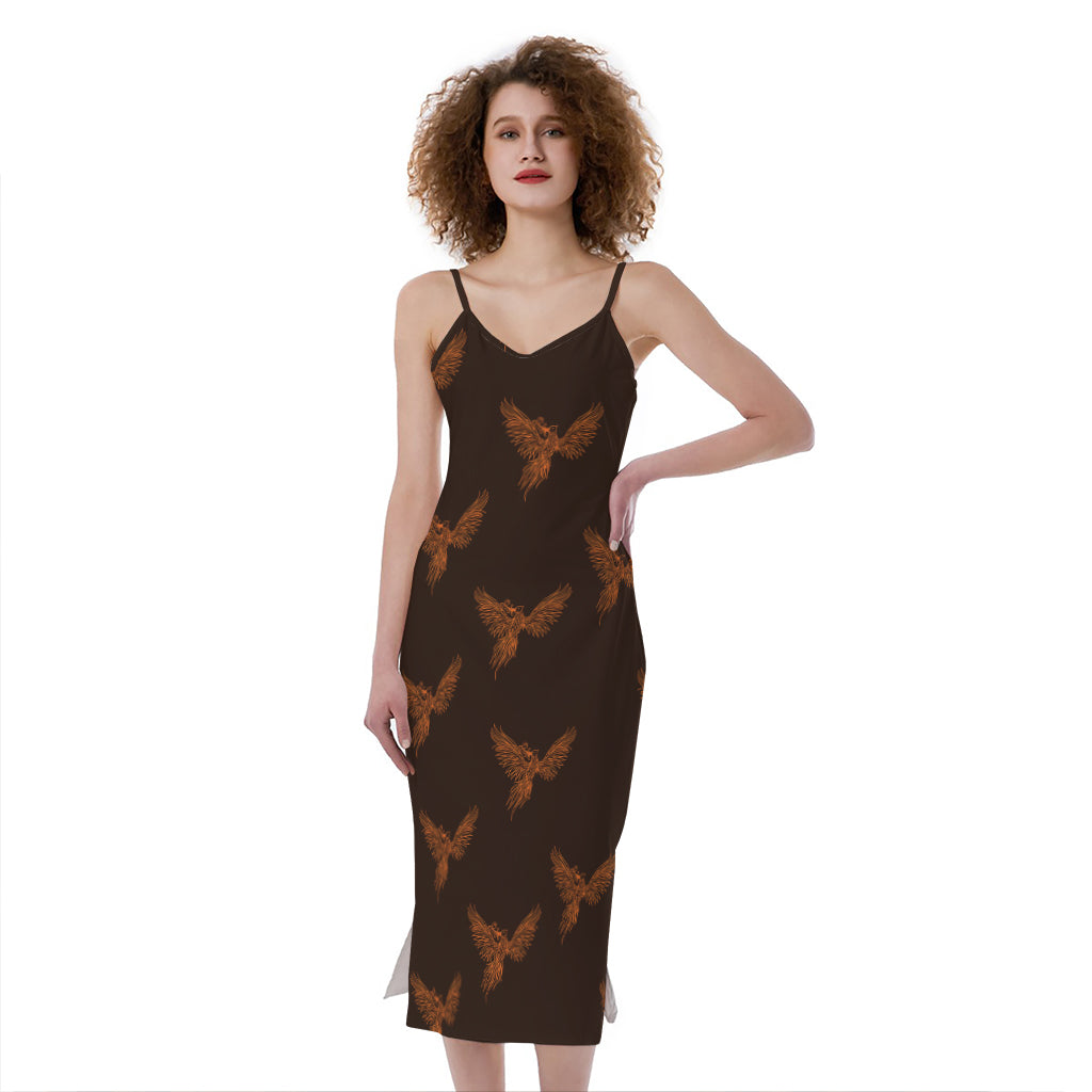 Asian Phoenix Pattern Print Slim Fit Midi Cami Dress