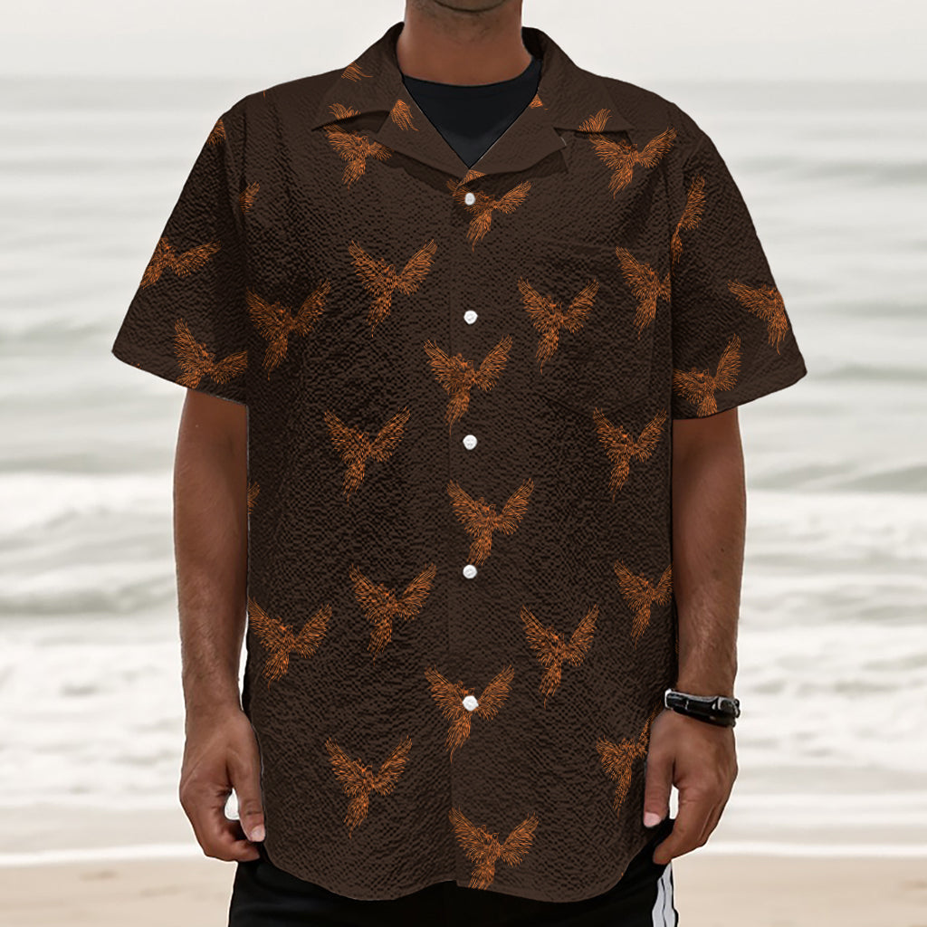 Asian Phoenix Pattern Print Textured Short Sleeve Shirt