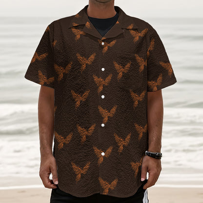 Asian Phoenix Pattern Print Textured Short Sleeve Shirt