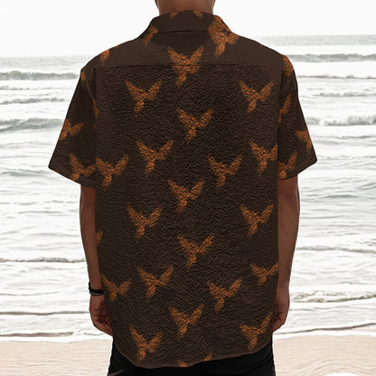 Asian Phoenix Pattern Print Textured Short Sleeve Shirt
