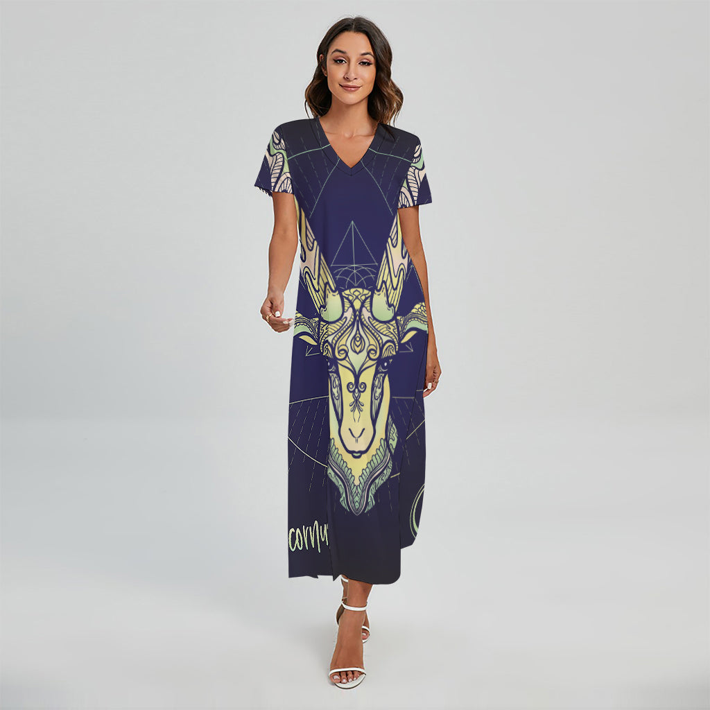 Astrological Capricorn Sign Print Short Sleeve Maxi Dress