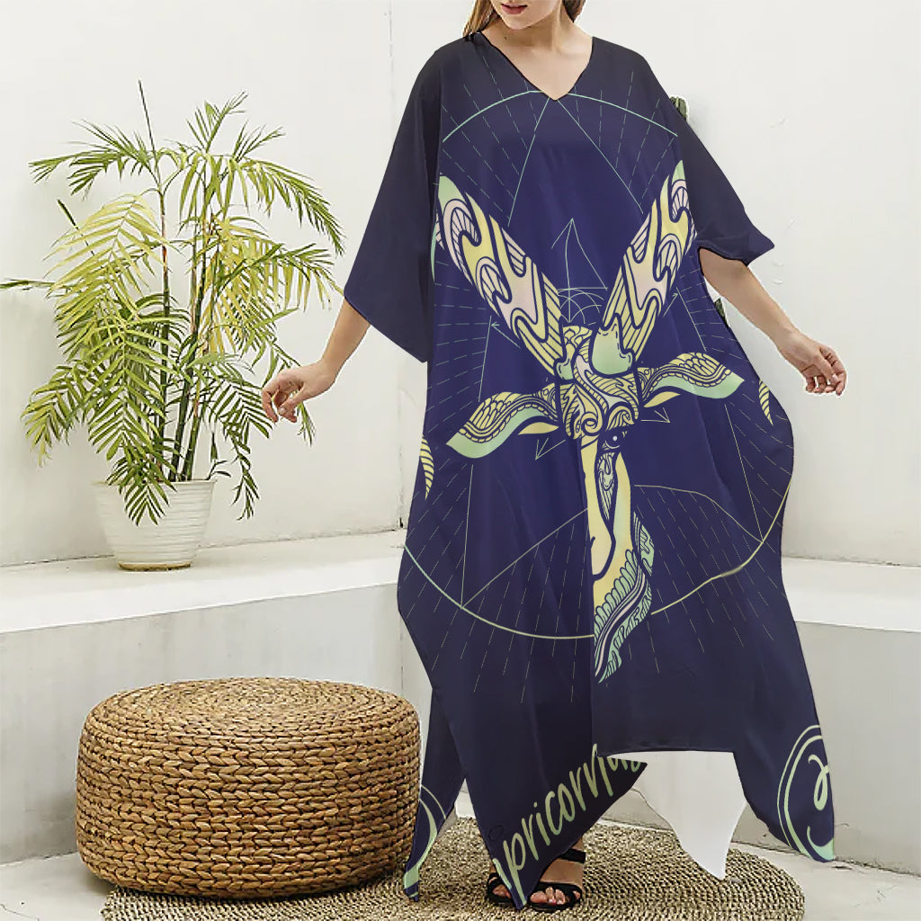 Astrological Capricorn Sign Print Silk V-Neck Kaftan Dress