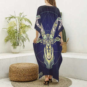 Astrological Capricorn Sign Print Silk V-Neck Kaftan Dress