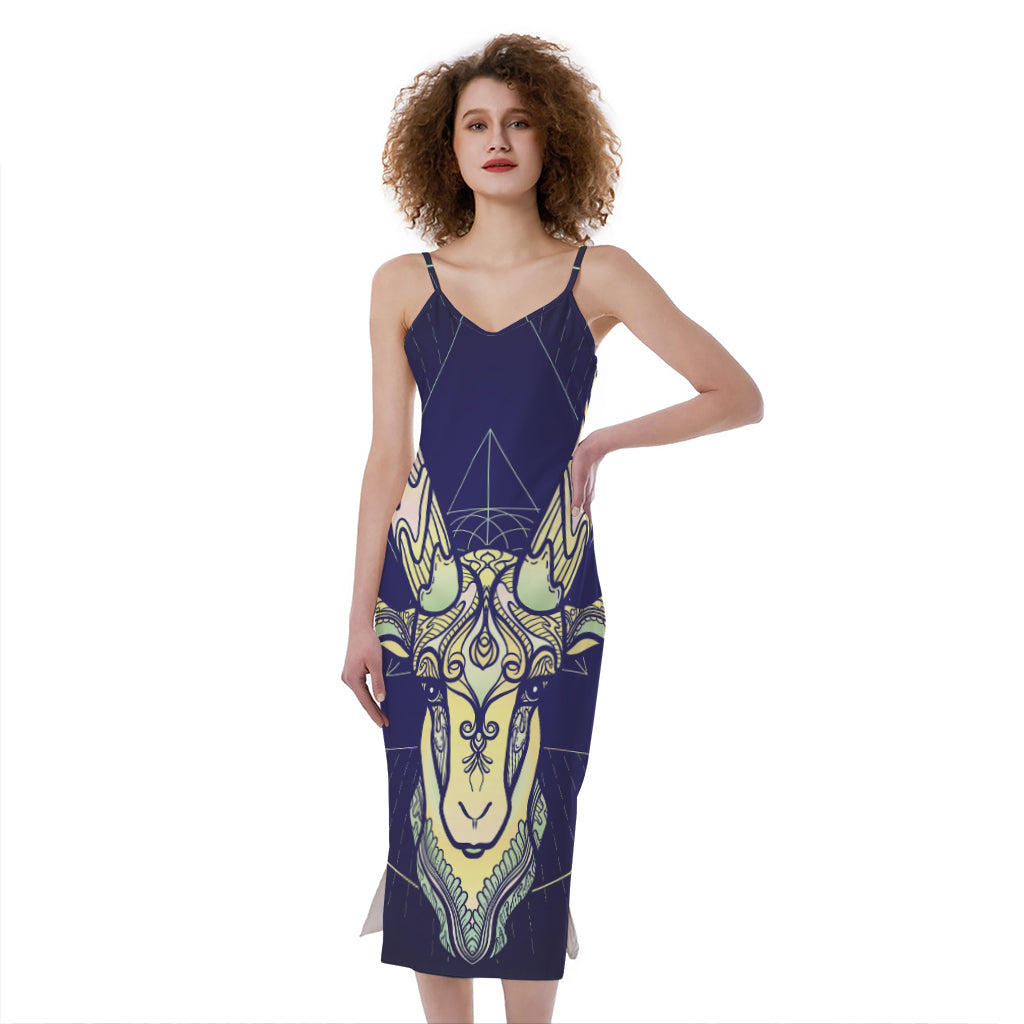 Astrological Capricorn Sign Print Slim Fit Midi Cami Dress