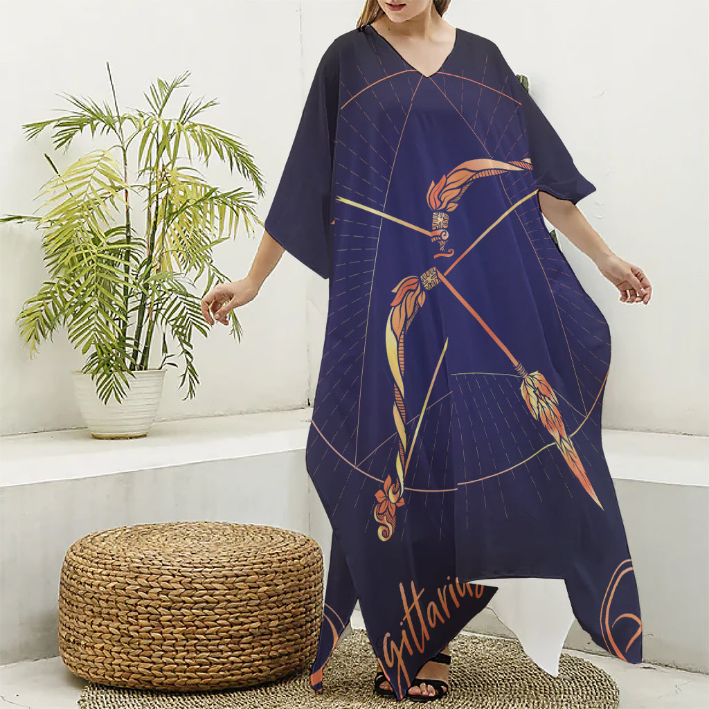 Astrological Sagittarius Sign Print Silk V-Neck Kaftan Dress