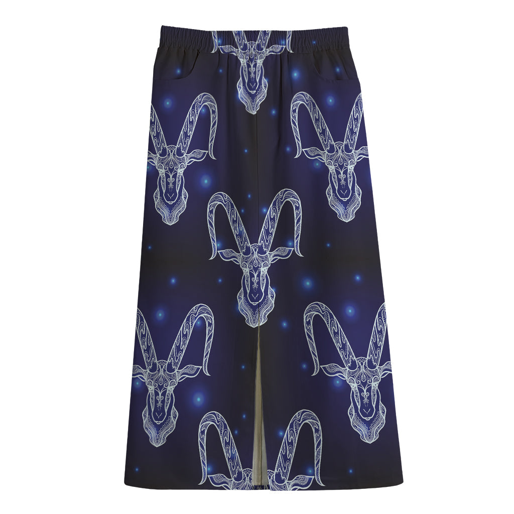 Astrology Capricorn Sign Print Cotton Front Slit Maxi Skirt