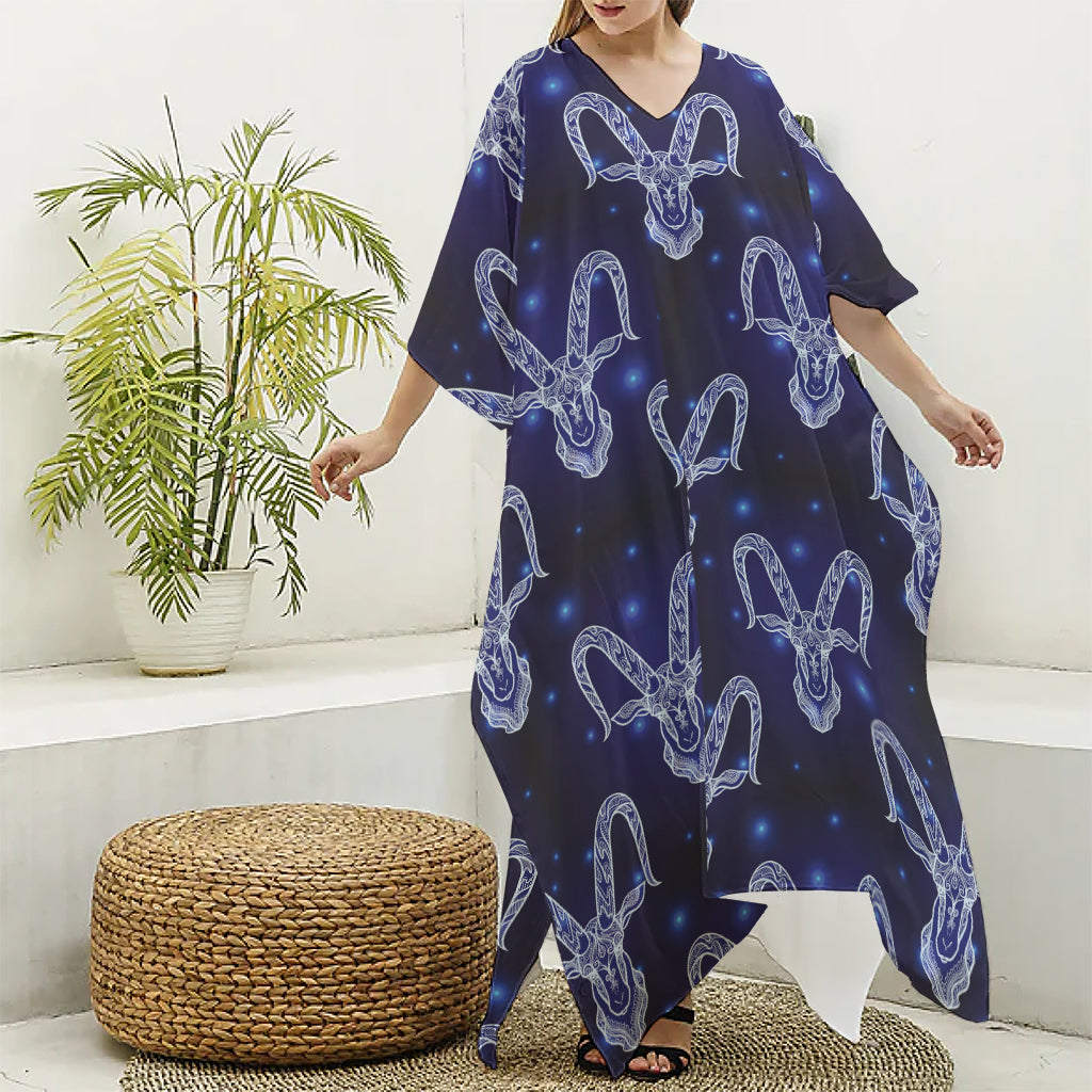 Astrology Capricorn Sign Print Silk V-Neck Kaftan Dress