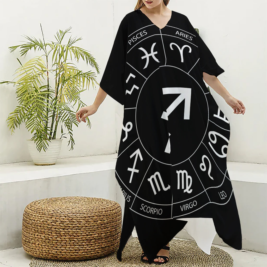 Astrology Sagittarius Sign Print Silk V-Neck Kaftan Dress