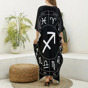 Astrology Sagittarius Sign Print Silk V-Neck Kaftan Dress