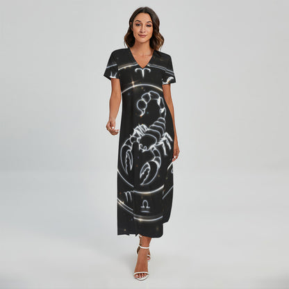 Astrology Scorpio Sign Print Short Sleeve Maxi Dress
