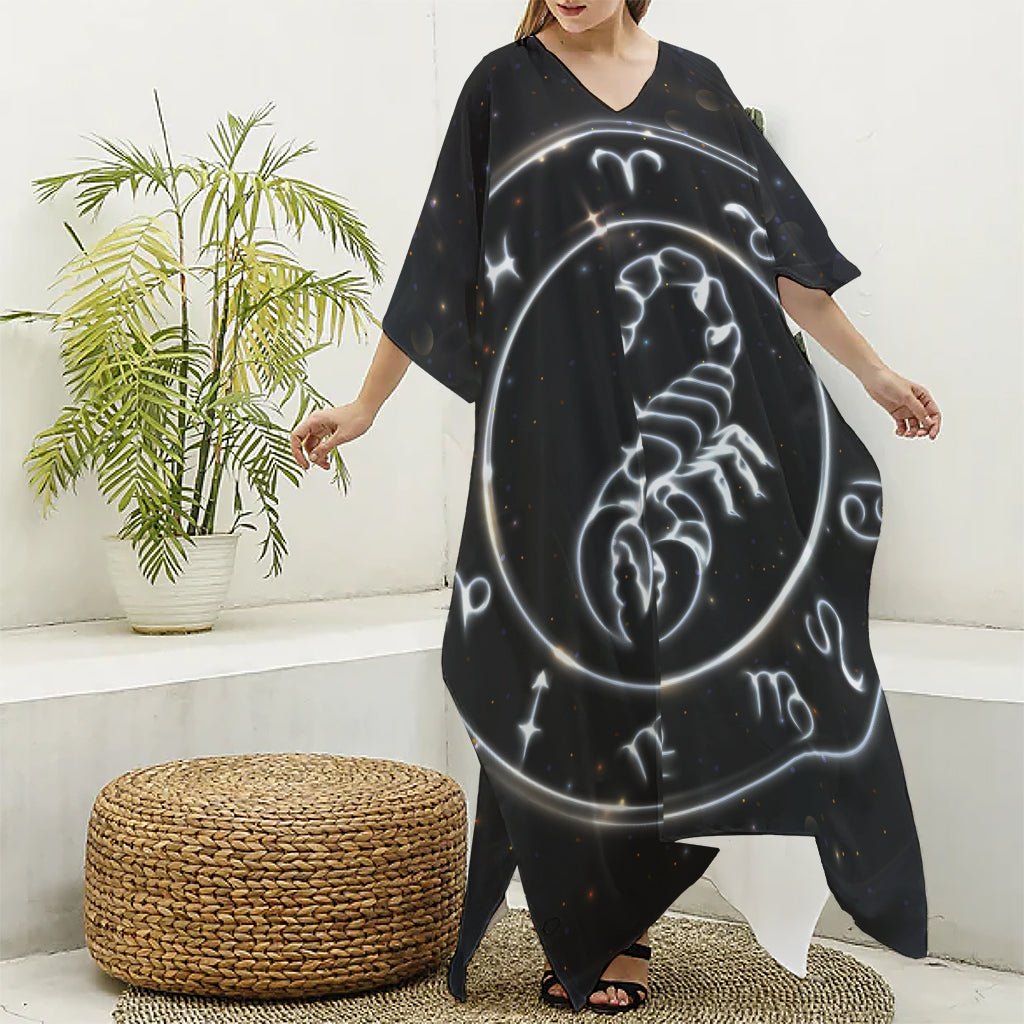 Astrology Scorpio Sign Print Silk V-Neck Kaftan Dress