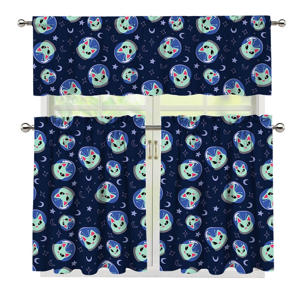 Astronaut Alien Cat Print 3 Piece Kitchen Curtains