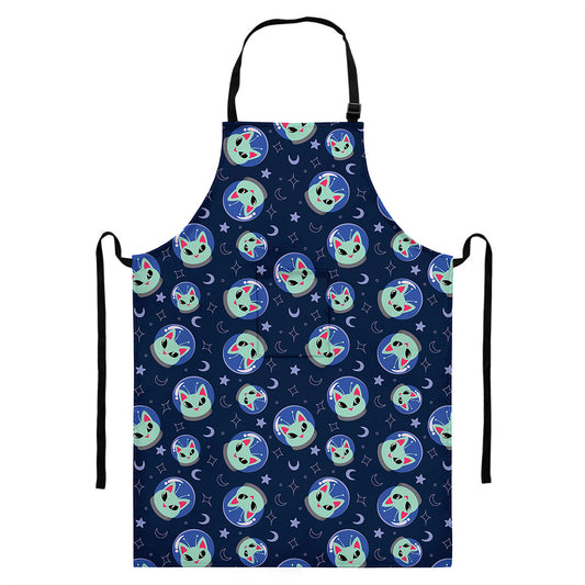 Astronaut Alien Cat Print Bib Apron With Pocket