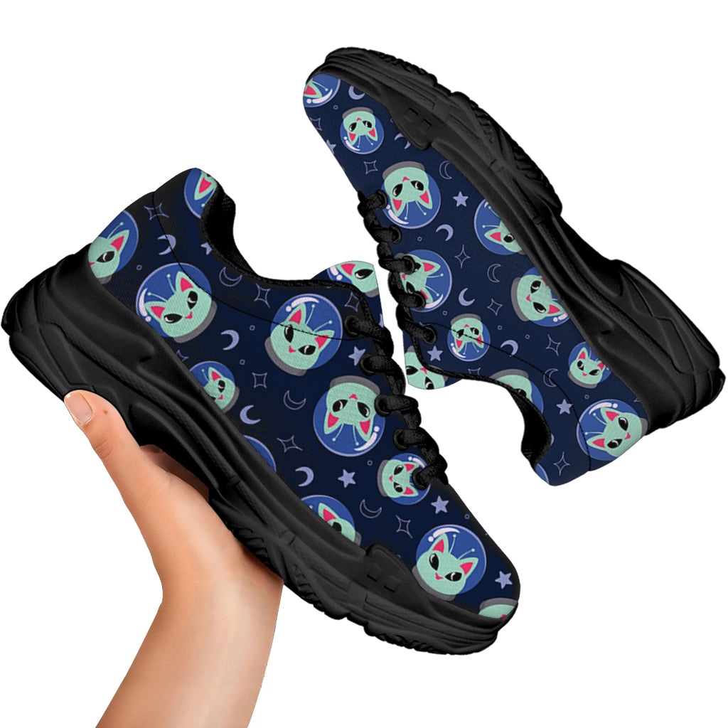 Astronaut Alien Cat Print Black Chunky Shoes