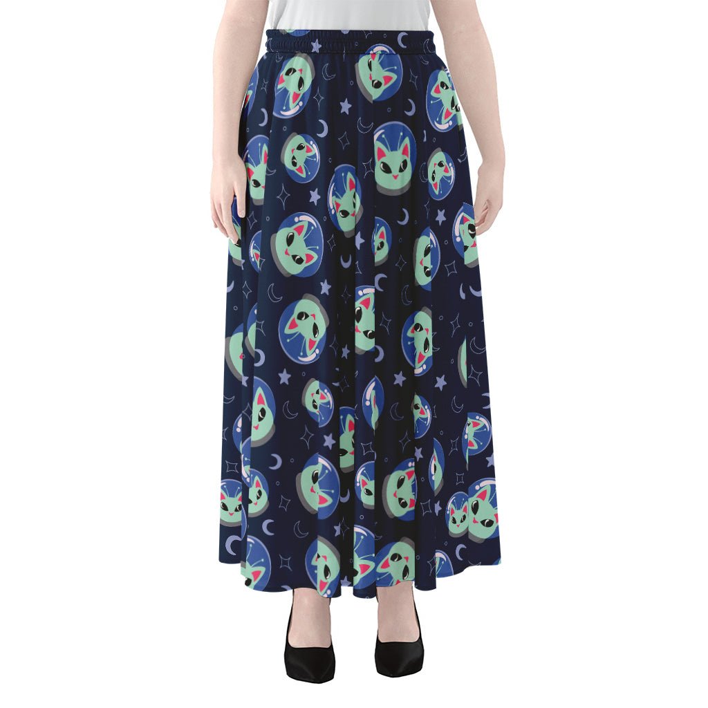 Astronaut Alien Cat Print Chiffon Maxi Skirt