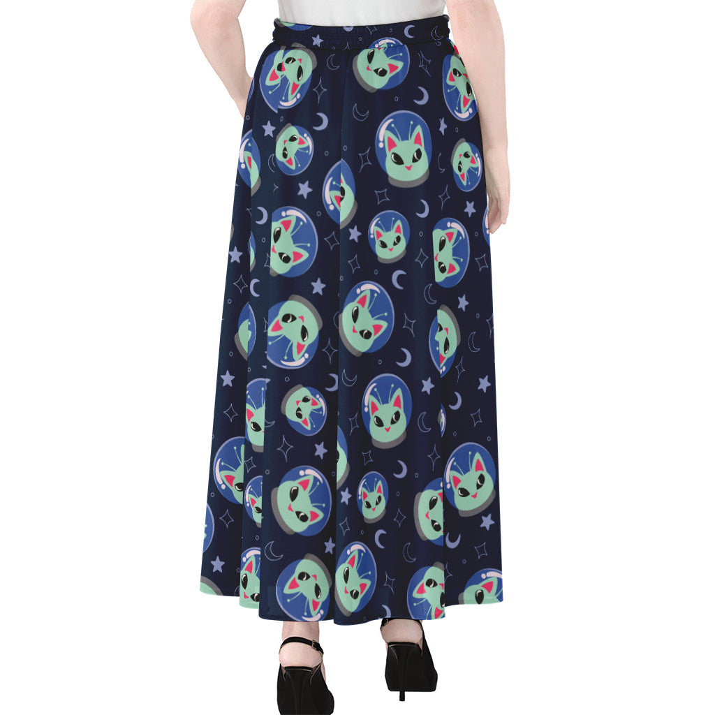 Astronaut Alien Cat Print Chiffon Maxi Skirt