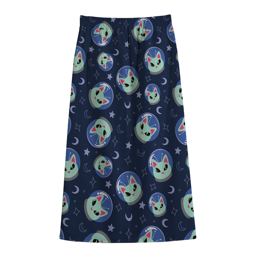 Astronaut Alien Cat Print Cotton Front Slit Maxi Skirt