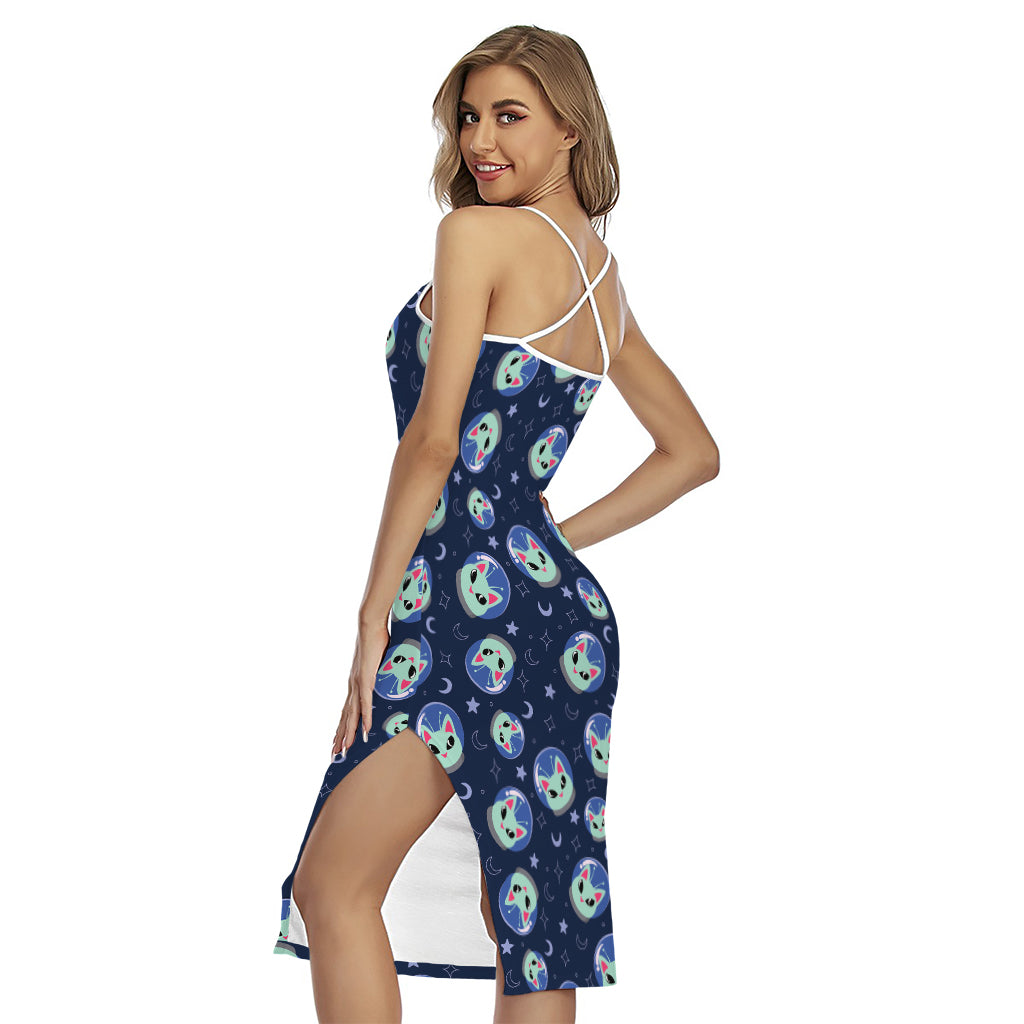 Astronaut Alien Cat Print Cross Back Cami Dress