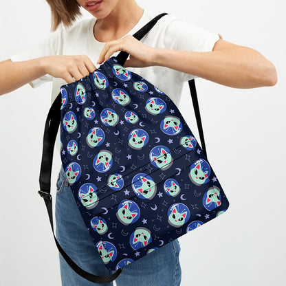 Astronaut Alien Cat Print Drawstring Backpack