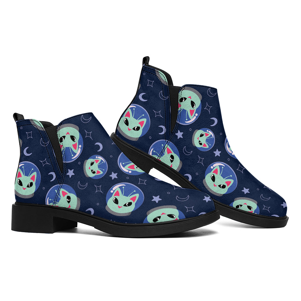 Astronaut Alien Cat Print Flat Ankle Boots