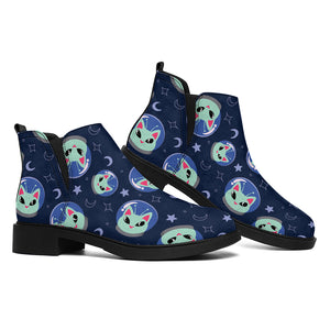 Astronaut Alien Cat Print Flat Ankle Boots