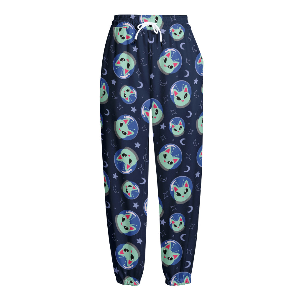 Astronaut Alien Cat Print Fleece Lined Knit Pants