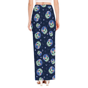 Astronaut Alien Cat Print High Slit Maxi Skirt