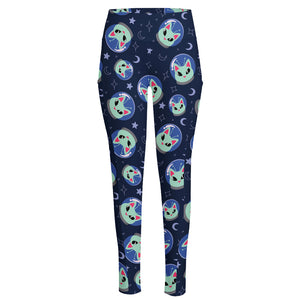 Astronaut Alien Cat Print High-Waisted Pocket Leggings