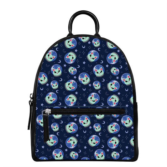 Astronaut Alien Cat Print Leather Backpack