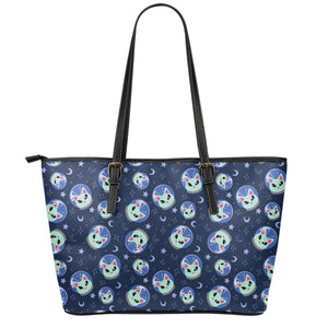 Astronaut Alien Cat Print Leather Tote Bag