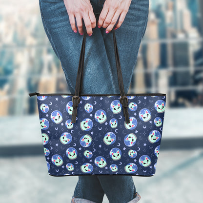 Astronaut Alien Cat Print Leather Tote Bag