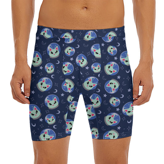 Astronaut Alien Cat Print Men's Long Boxer Briefs