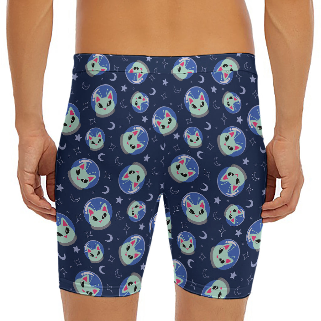 Astronaut Alien Cat Print Men's Long Boxer Briefs