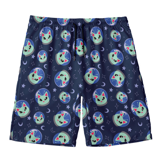 Astronaut Alien Cat Print Men's Swim Trunks