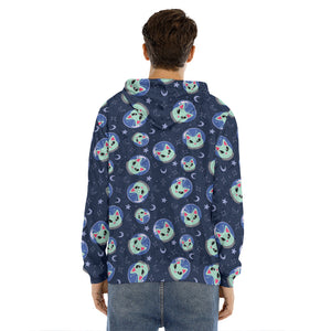 Astronaut Alien Cat Print Men's Velvet Pullover Hoodie