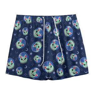 Astronaut Alien Cat Print Mesh Shorts