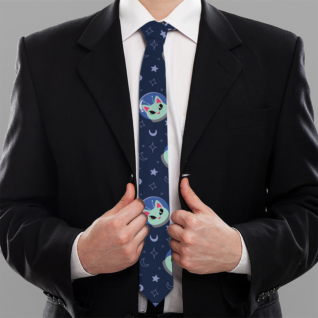 Astronaut Alien Cat Print Necktie