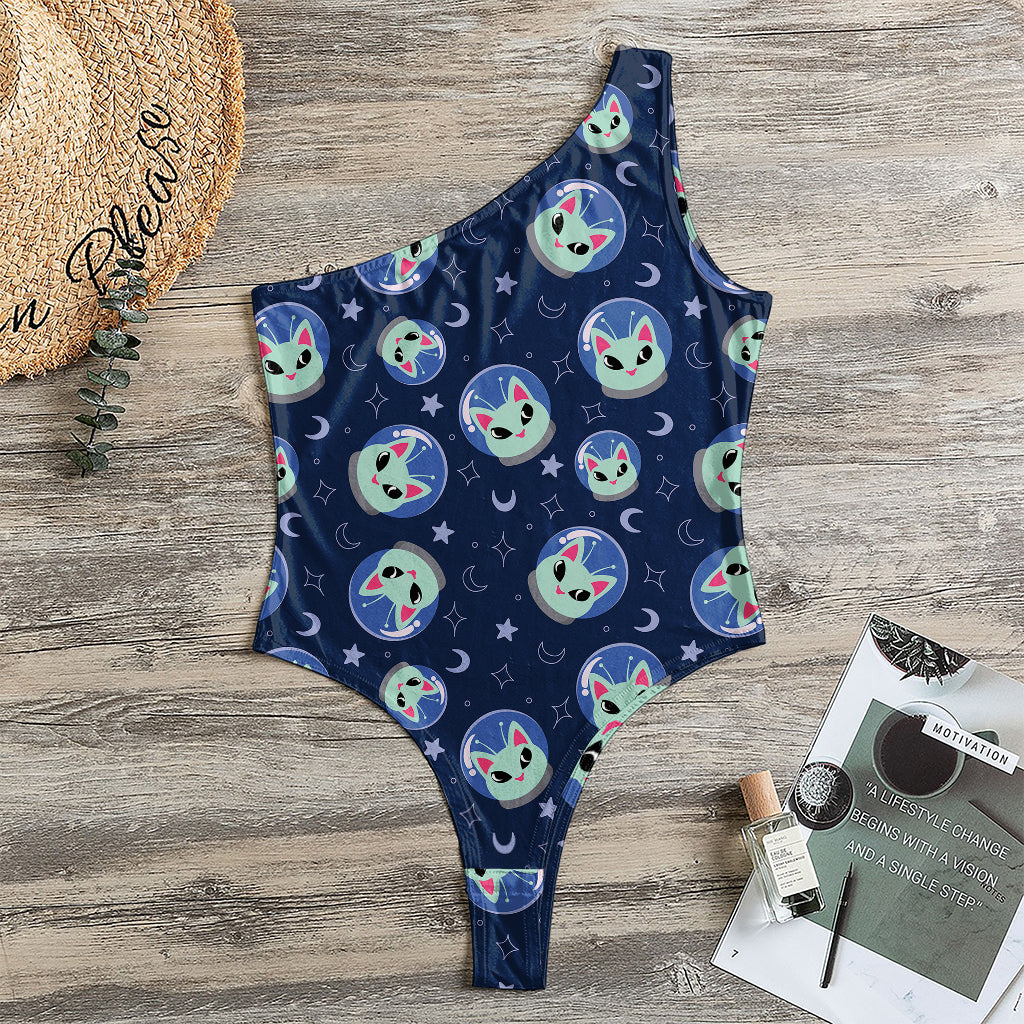 Astronaut Alien Cat Print One Shoulder Bodysuit