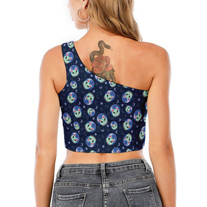 Astronaut Alien Cat Print One Shoulder Crop Top