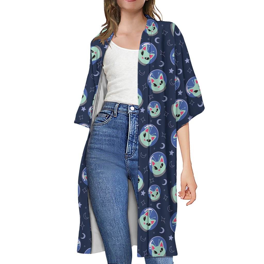 Astronaut Alien Cat Print Open Front Beach Cover Up