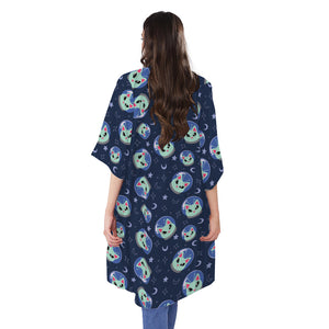 Astronaut Alien Cat Print Open Front Beach Cover Up