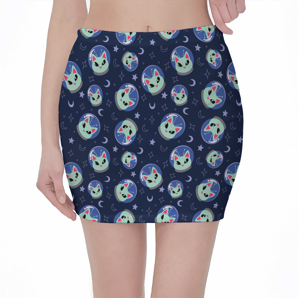 Astronaut Alien Cat Print Pencil Mini Skirt