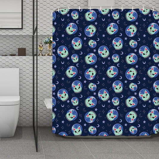 Astronaut Alien Cat Print Polyester Shower Curtain