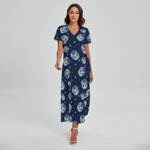 Astronaut Alien Cat Print Short Sleeve Maxi Dress