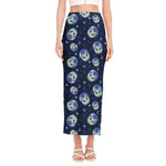 Astronaut Alien Cat Print Side Slit Maxi Skirt