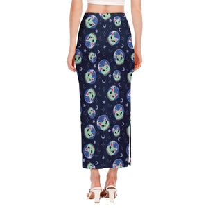 Astronaut Alien Cat Print Side Slit Maxi Skirt