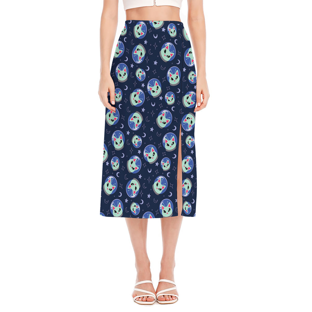 Astronaut Alien Cat Print Side Slit Midi Skirt